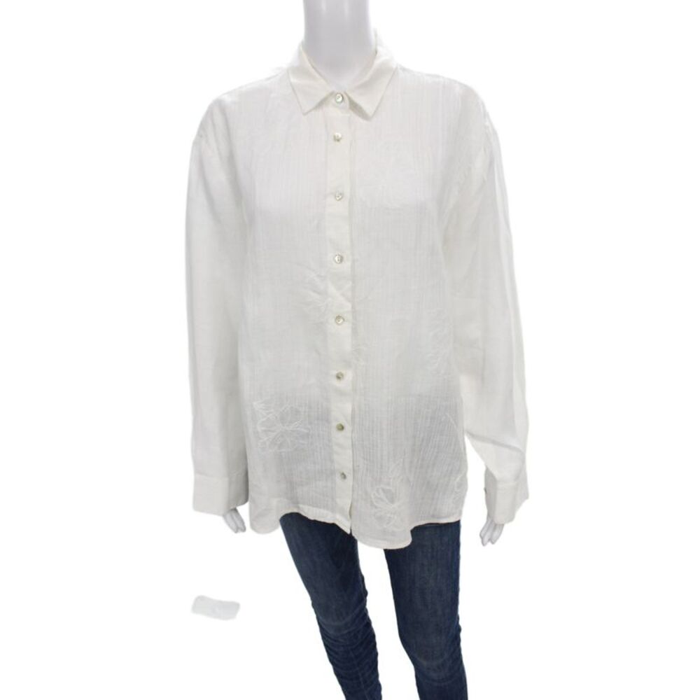120% Lino Women White Linen Collared Basic Button-Up Long Sleeve Size 42